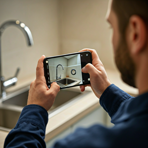 Plumber using phone to photograph a kitchen faucet